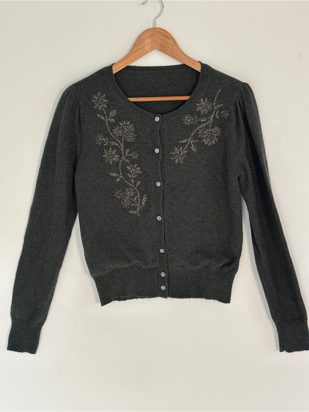 Sundance Andrina Cardigan Sweater Forest Green Beaded Embroidered Wool Blend XS